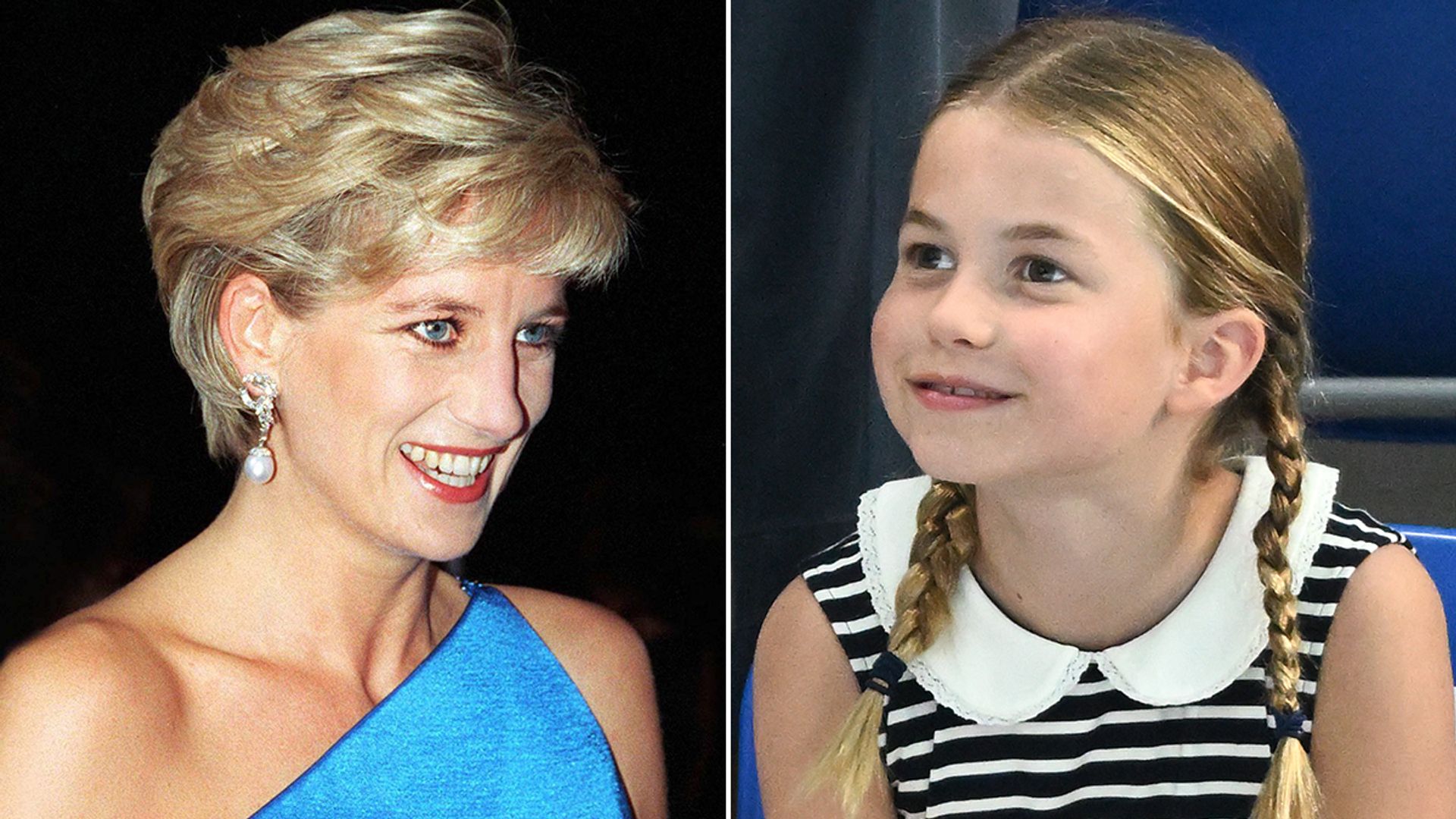 The late Princess Diana and her granddaughter Princess Charlotte smile