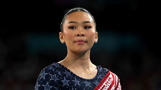 Sunisa Lee of Team United States looks on during the Artistic Gymnastics Women's Team Final on day four of the Olympic Games Paris 2024 at Bercy Arena on July 30, 2024 in Paris, France.