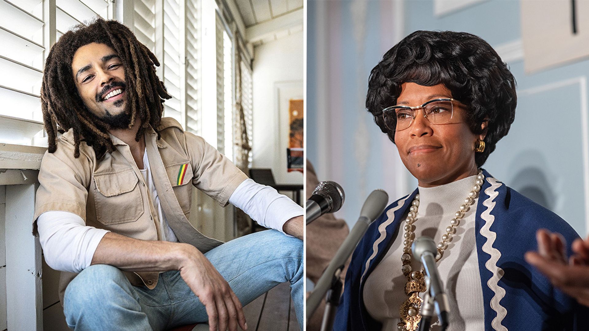 split image, Kingsley Ben-Adir in Bob Marley: One Love, Regina King in Shirley