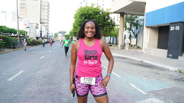 Lady in pink running clothes