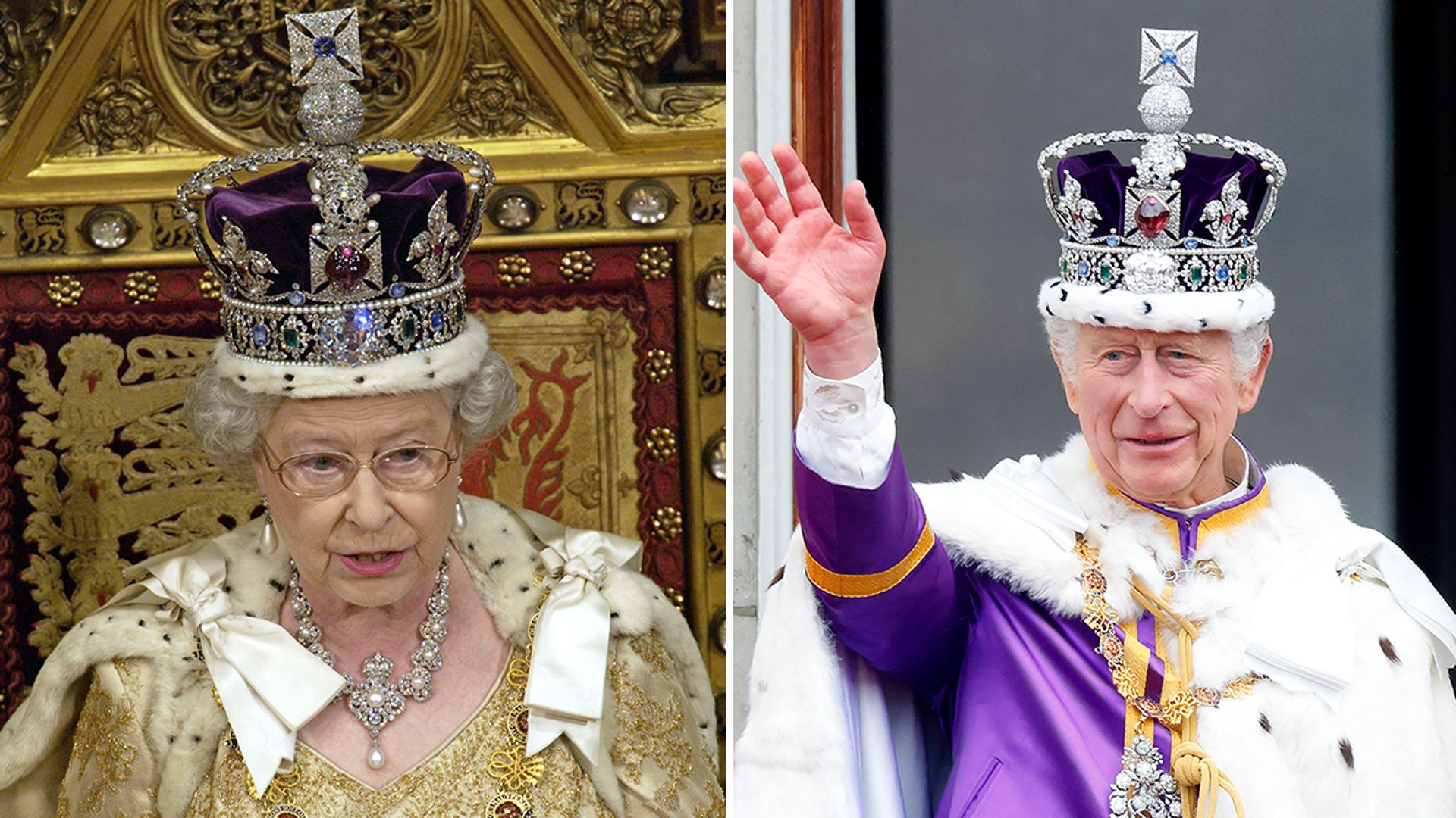 Split image of the late Queen and King Charles wearing the Imperial State Crown