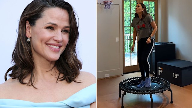 split of Jennifer Garner with image of her trampolining