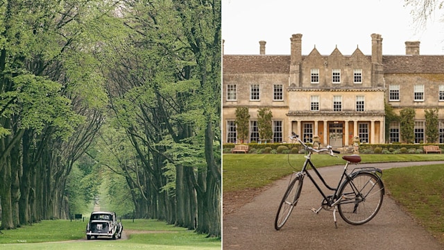 Split image of a black car driving through trees and a bike in front of a hotel