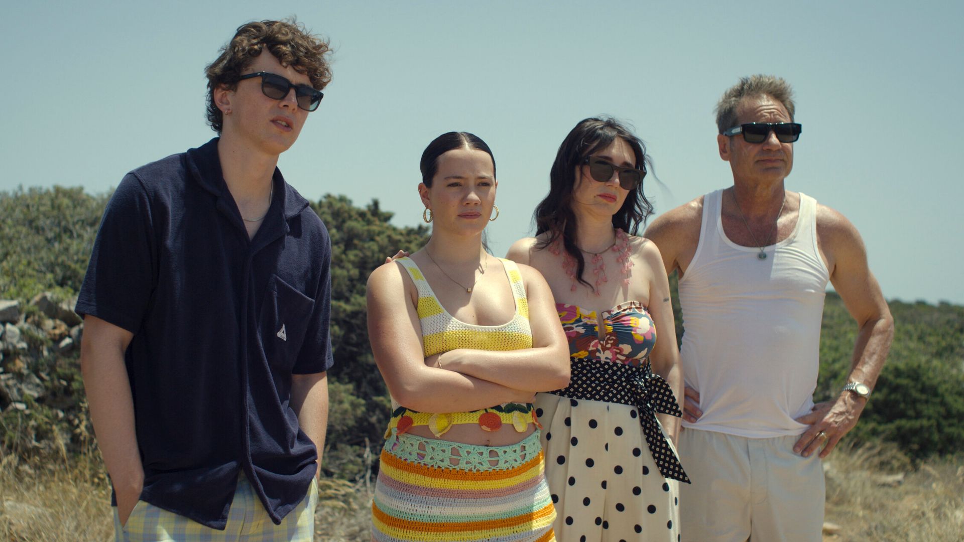 Four people stand before some bushes and blue sky 