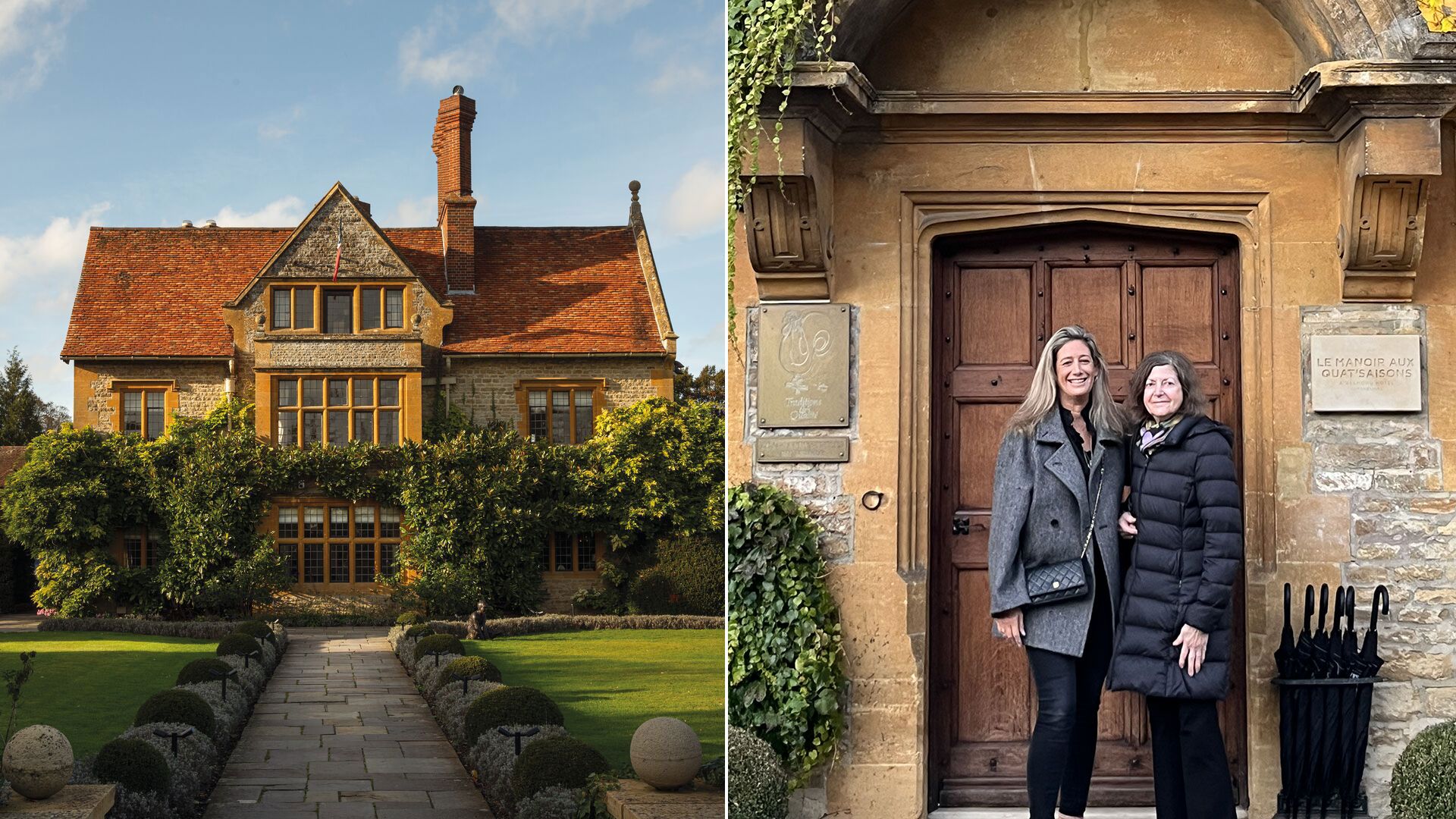outside of manor house hotel beside photo of jessica and steffi callan outside said hotel