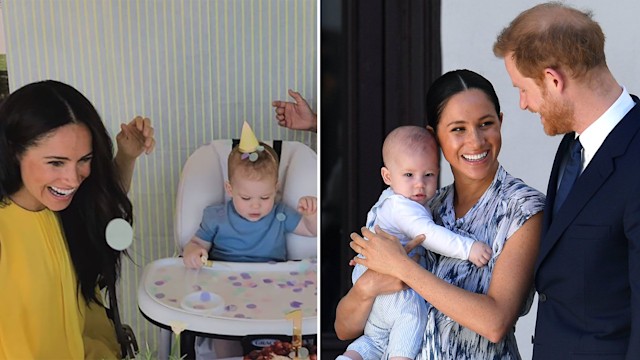 Archie on birthday split with meghan holding baby with harry