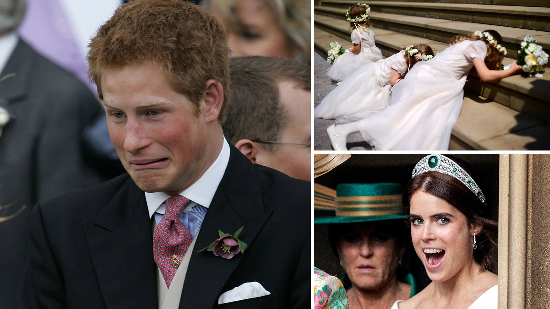 Prince Harry and Princess Eugenie pulling faces at royal weddings