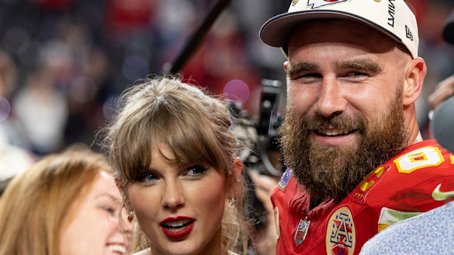 Travis Kelce #87 of the Kansas City Chiefs and Taylor Swift react as they see Mecole Hardman Jr. #12 of the Kansas City Chiefs following the NFL Super Bowl 58 football game between the San Francisco 49ers and the Kansas City Chiefs at Allegiant Stadium on February 11, 2024