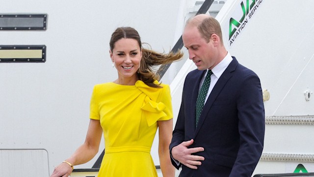 Catherine, Duchess of Cambridge and Prince William, Duke of Cambridge arrive at Norman Manley International Airport on March 22, 2022 in Kingston, Jamaica. The Duke and Duchess of Cambridge are visiting Belize, Jamaica and The Bahamas on behalf of Her Majesty The Queen on the occasion of the Platinum Jubilee. The 8 day tour takes place between Saturday 19th March and Saturday 26th March and is their first joint official overseas tour since the onset of COVID-19 in 2020.