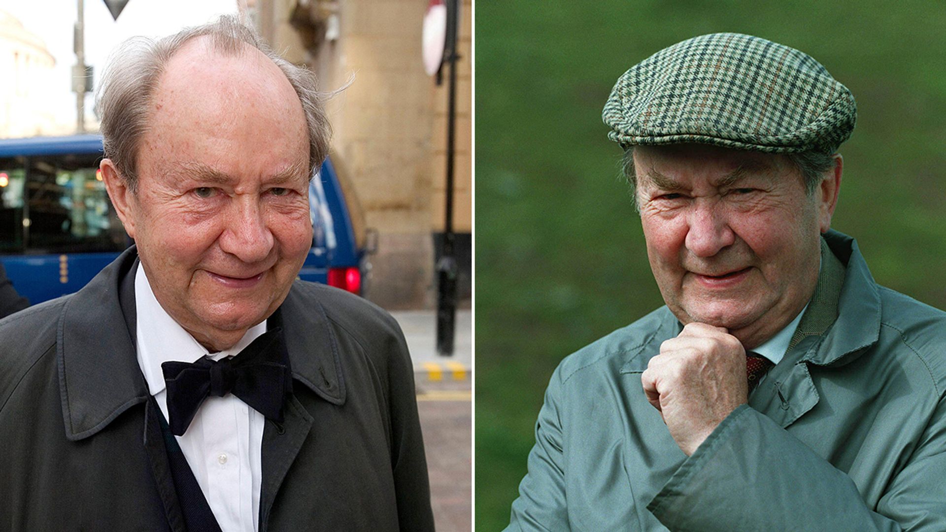 Split image of Peter Sallis in a tuxedo and one of him as Cleggy in Last of the Summer Wine