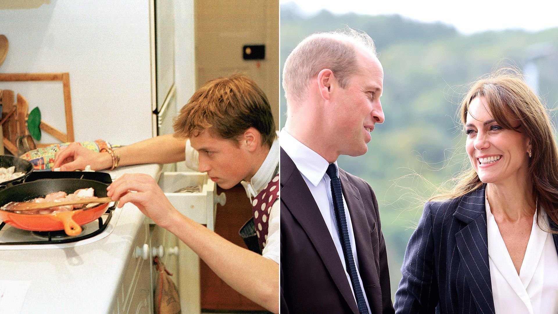 Prince William cooking at school beside photo of kate and william facing eachother laughing