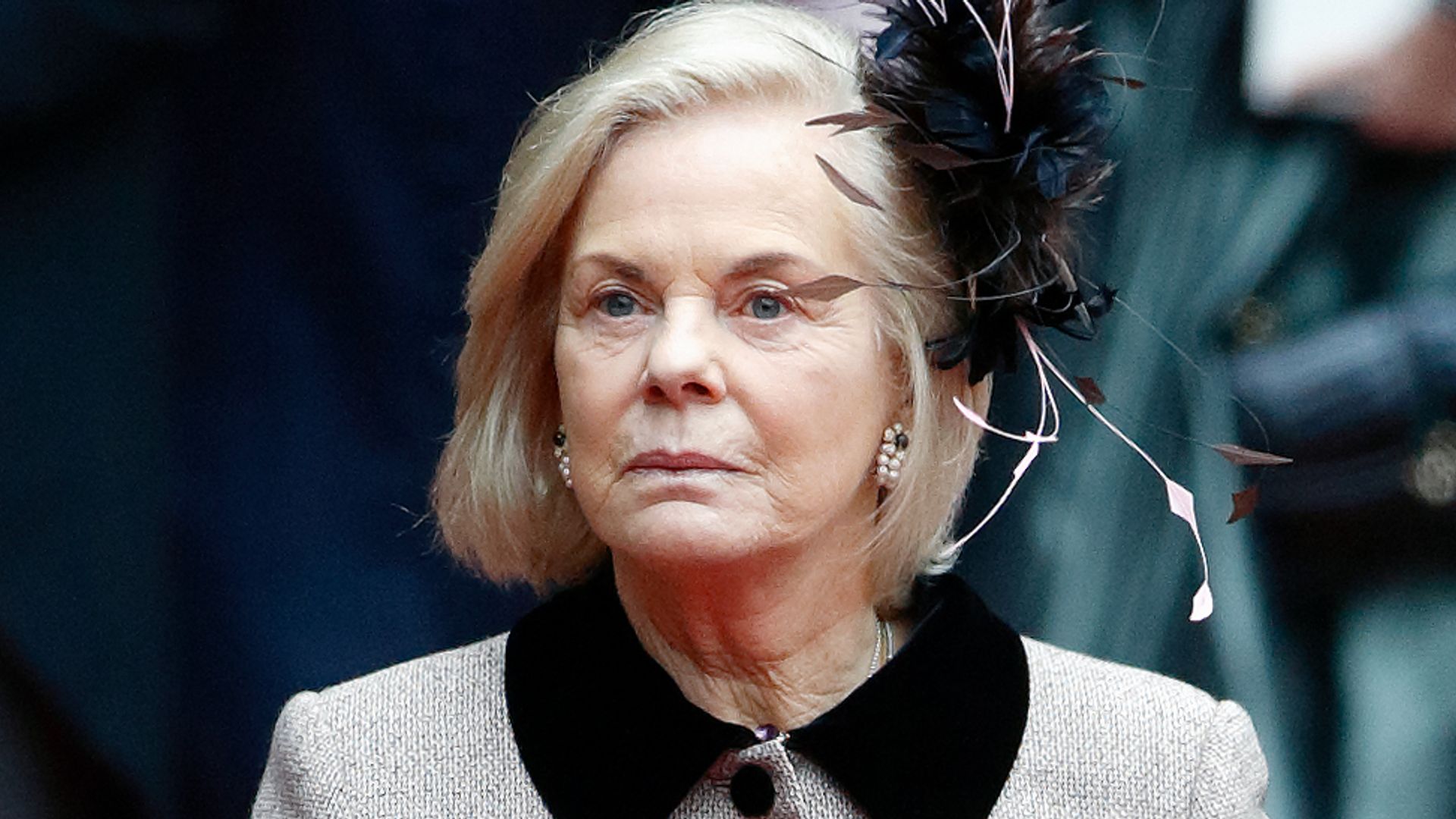 Duchess of Kent in a grey coat with a black collar and buttons