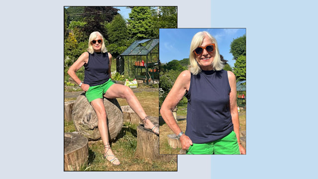 collage of an older woman in shorts 