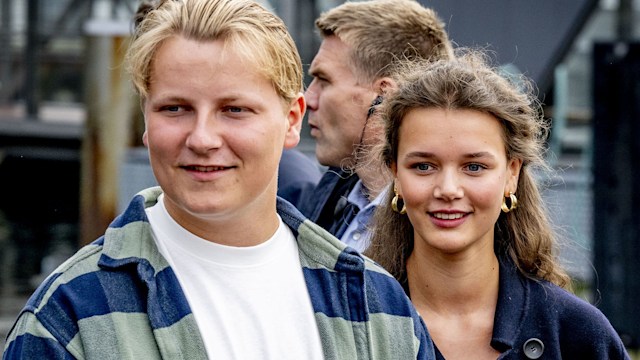 Prince Sverre in a striped jacket next to his rumoured girlfriend