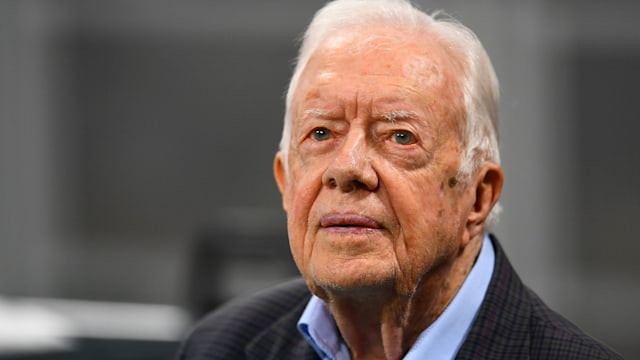 Former president Jimmy Carter prior to the game between the Atlanta Falcons and the Cincinnati Bengals at Mercedes-Benz Stadium on September 30, 2018