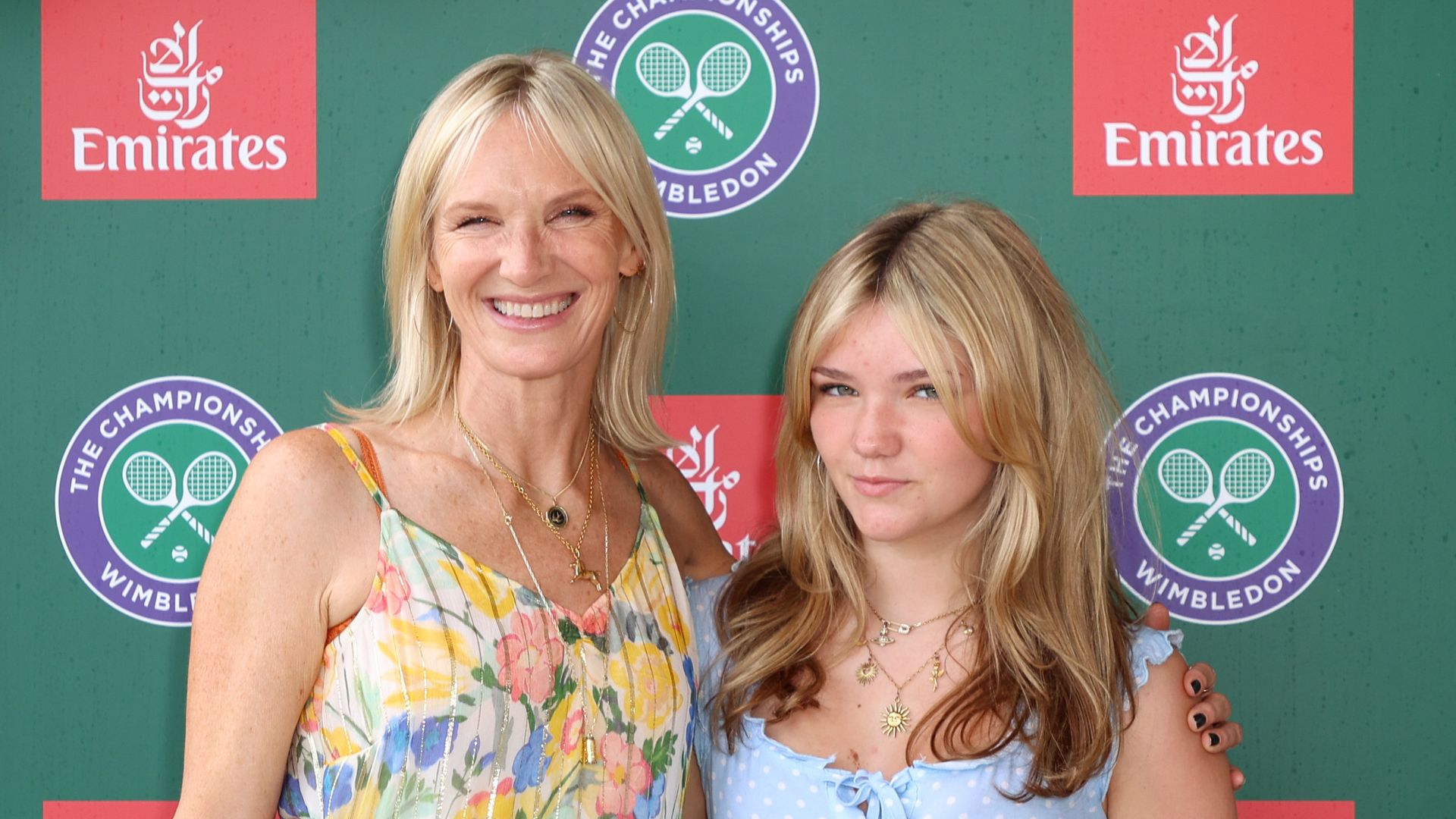 Jo Whiley in floral dress at Emirates suite at Wimbledon