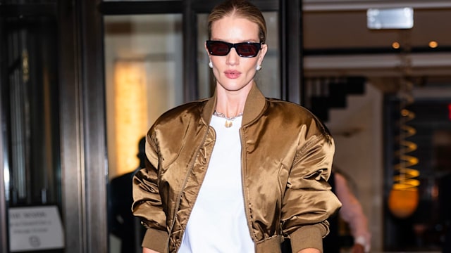 Rosie Huntington-Whiteley is seen in the Upper East Side in a bronze jacket