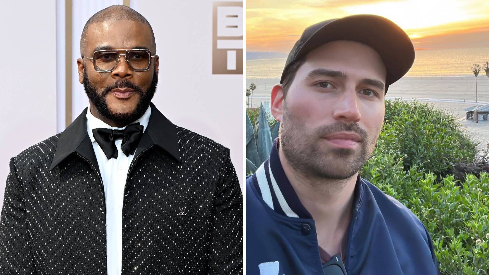 Split image of Tyler Perry and Derek Dixon, who is suing him for sexual assault