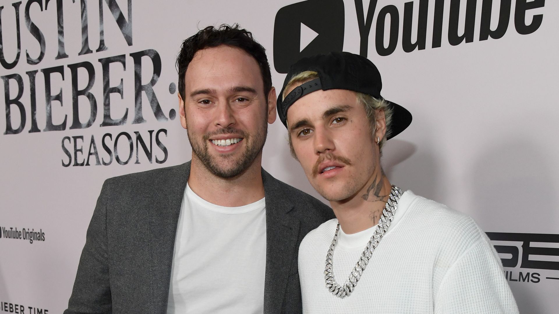 Scooter Braun and Justin Bieber attend YouTube Originals "Justin Bieber: Seasons" premiere at Regency Bruin Theater on January 27, 2020 in Westwood, California