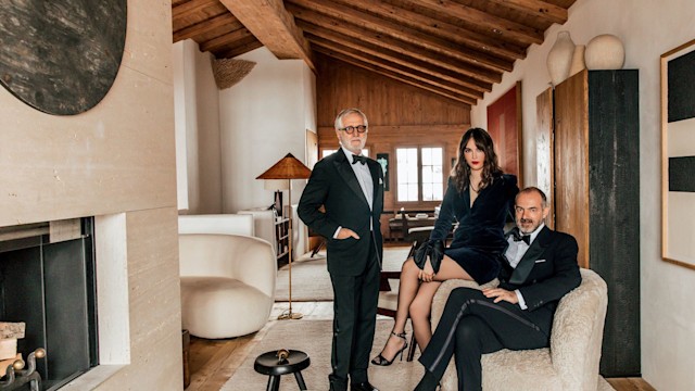 Josef Voelk (left) and Emmanuel de Bayser, with their goddaughter Tara DuRoss, at the couple’s Swiss Alpine chalet overlooking the Gstaad valley