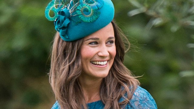 Pippa Middleton wearing blue lace dress 