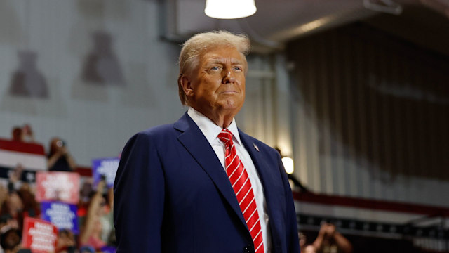 Donald Trump greets supporters during a campaign event at the Rocky Mount Event Center on October 30, 2024 in Rocky Mount