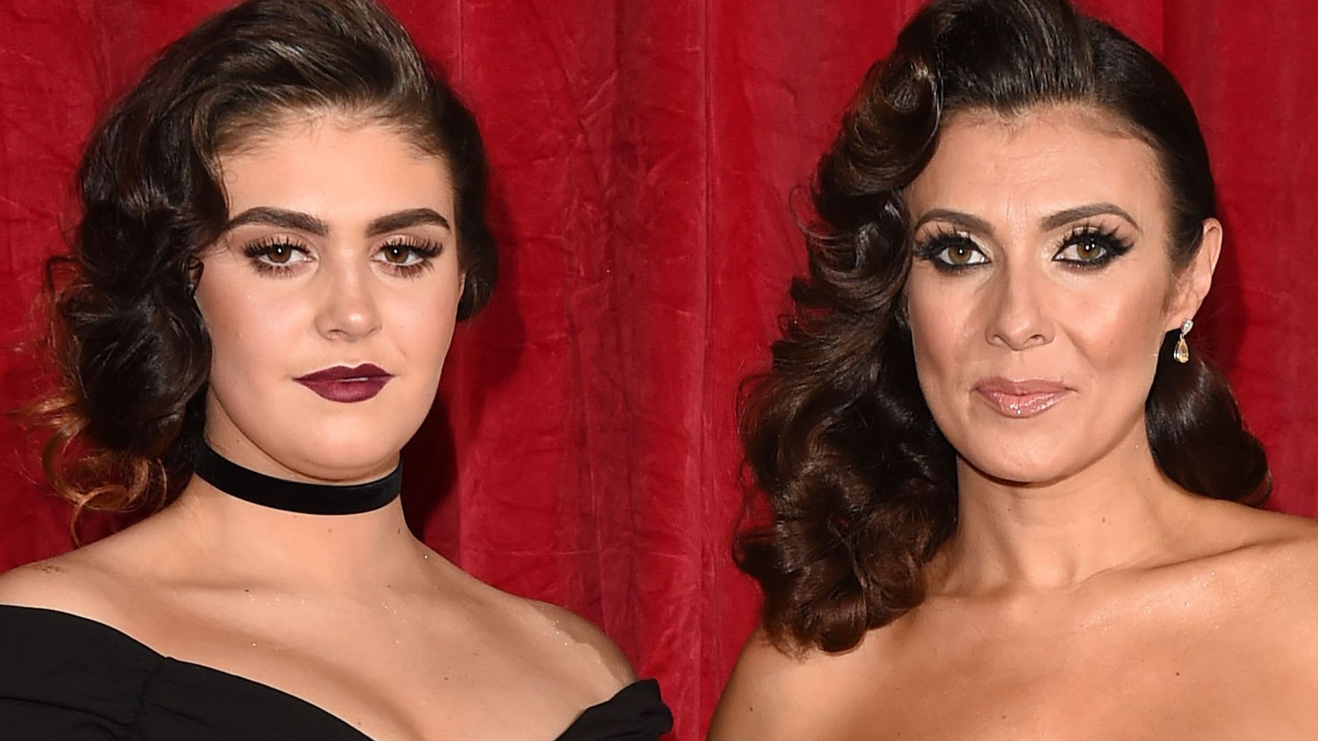 Kym Marsh in a red dress and daughter Emily Cunliffe in a black dress with dark lipstick