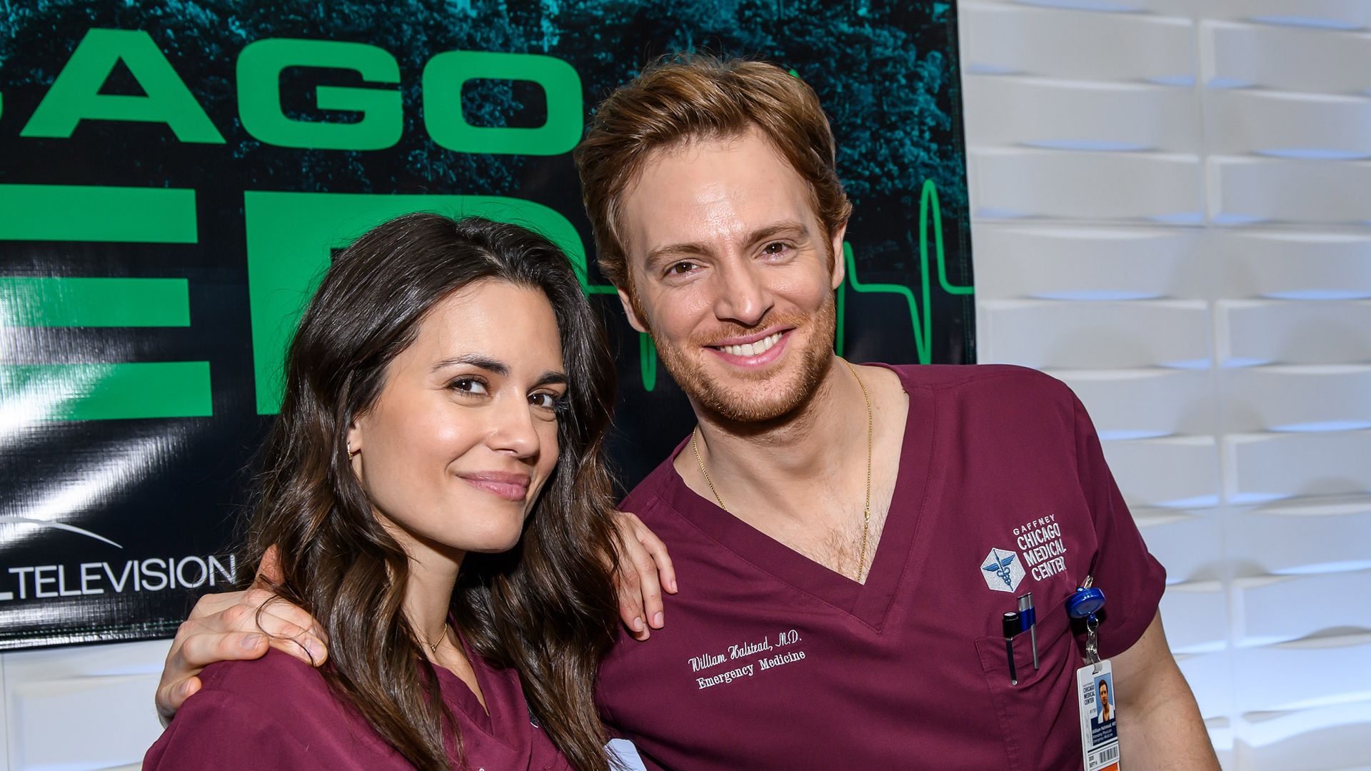 Torrey DeVitto and Nick Gehlfuss attend the "Chicago Med" 100th episode cake cutting at Cinespace on January 28, 2020 in Chicago, Illinois