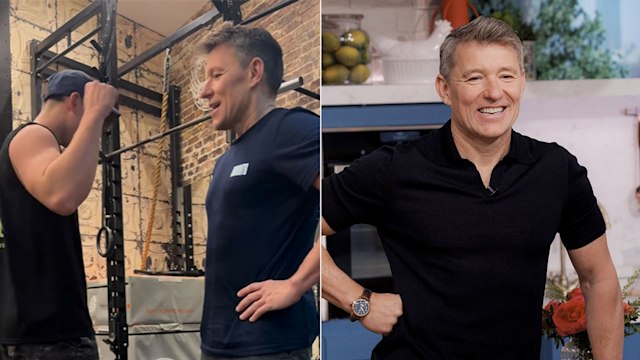 split image showing father and son in gym, and man in black shirt 