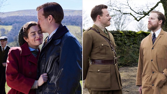 Split image, man kissing woman's forehead, man in army uniform looking at man in vet uniform 