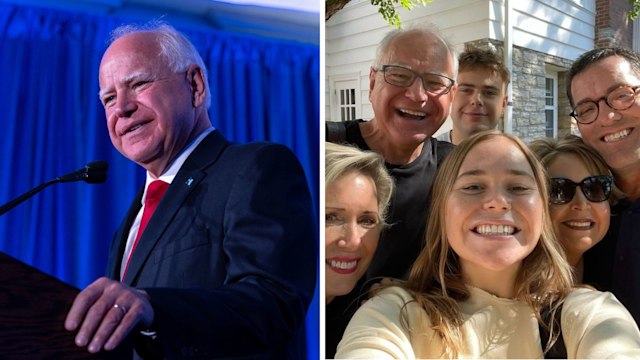 Split image of Tim Walz, and a family photo featuring his wife Gwen, and their kids Hope and Gus