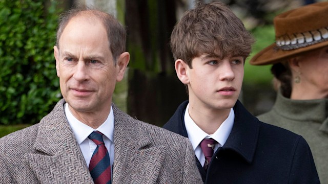 James, Earl of Wessex and Prince Edward, Duke of Edinburgh attend the Christmas Day service at St Mary Magdalene Church on December 25, 2023 in Sandringham, Norfol