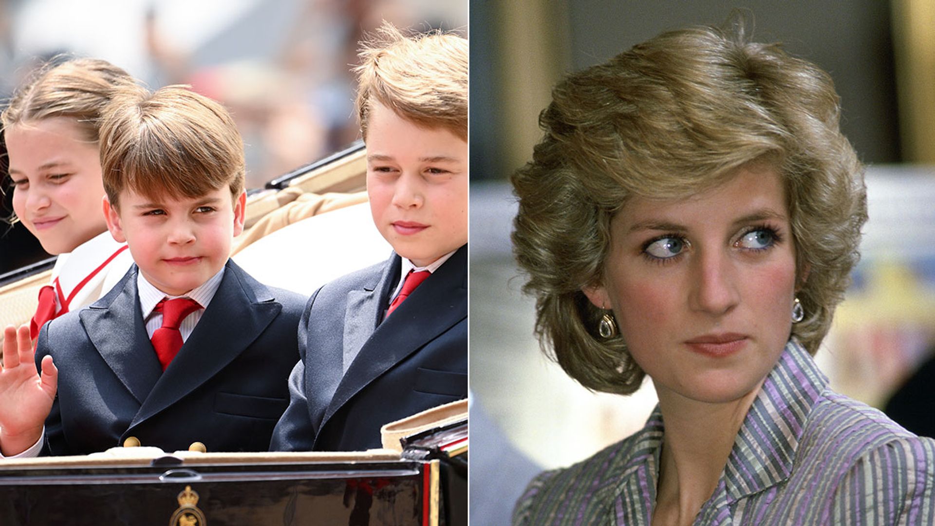 split image showing three children in carriage, and princess diana 