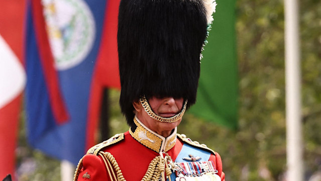 King Charles III riding on horseback at the Birthday Parade, 'Trooping the Colour'