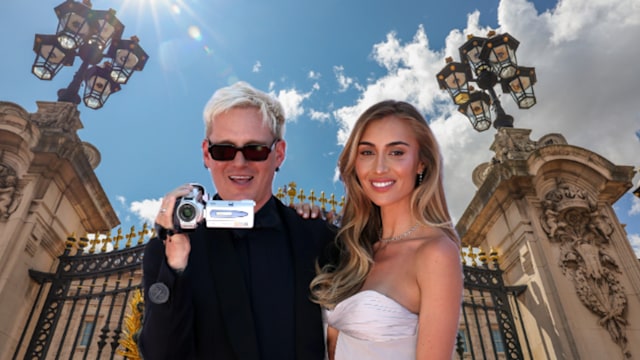 man and woman with video recorder 