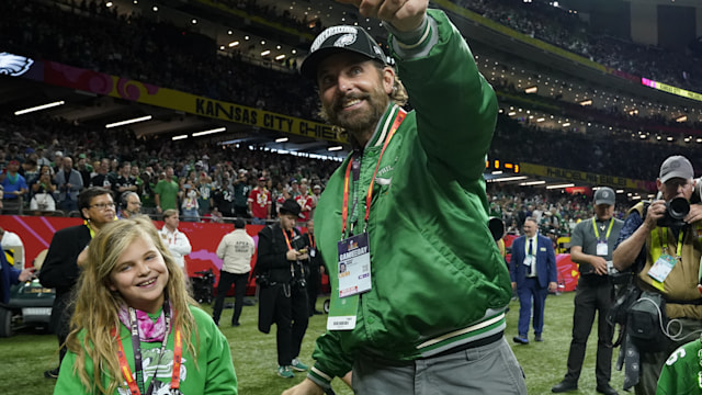 US actor Bradley Cooper walks the sidelines before the start of Super Bowl LIX between the Kansas City Chiefs and the Philadelphia Eagles at Caesars Superdome in New Orleans, Louisiana, February 9, 2025