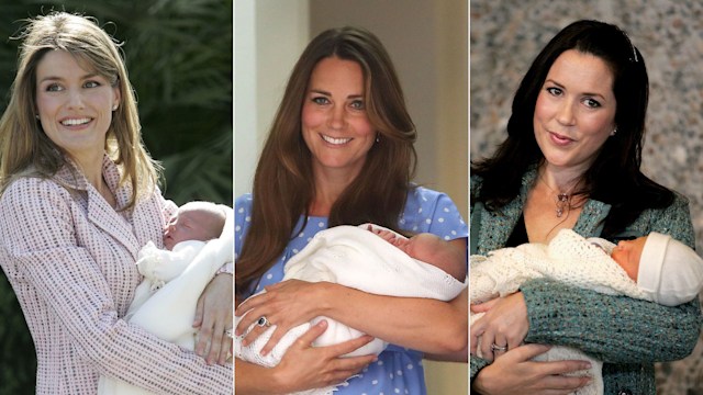 Queen Letizia, Kate Middleton and Queen Mary with their babies leaving hospital