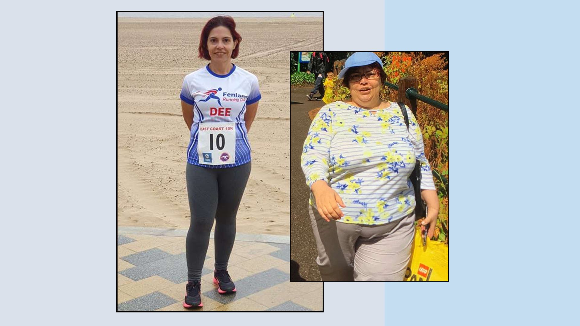 split screen of woman before and after weight loss
