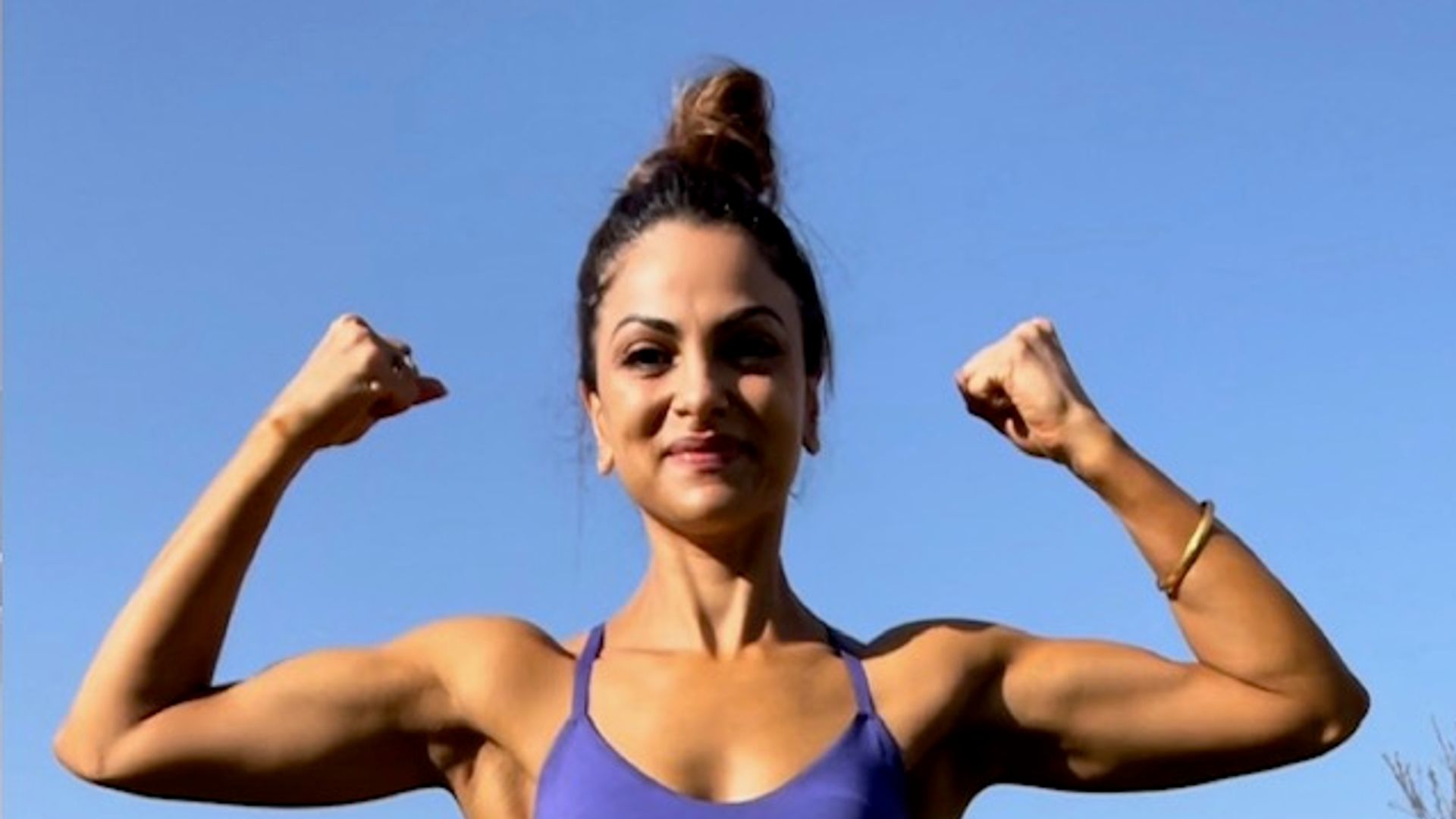 rajni before and after in gym short flexing arms