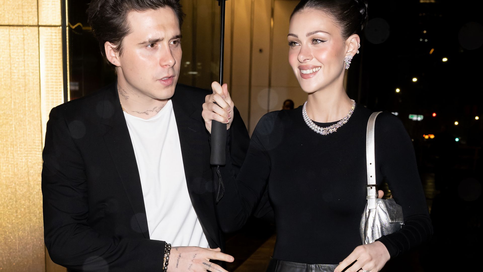 NEW YORK, NEW YORK - APRIL 29: Brooklyn Beckham and actress Nicola Peltz are seen leaving the Mikimoto 130th Anniversary Party at Central Park Tower on April 29, 2023 in New York City. (Photo by Gilbert Carrasquillo/GC Images)