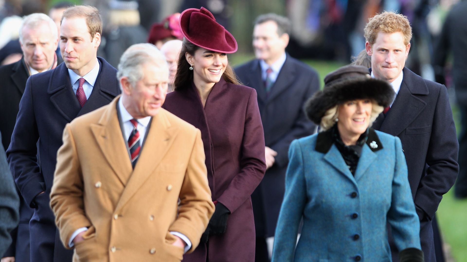 William, Kate and Harry walk behind Charles and Camilla