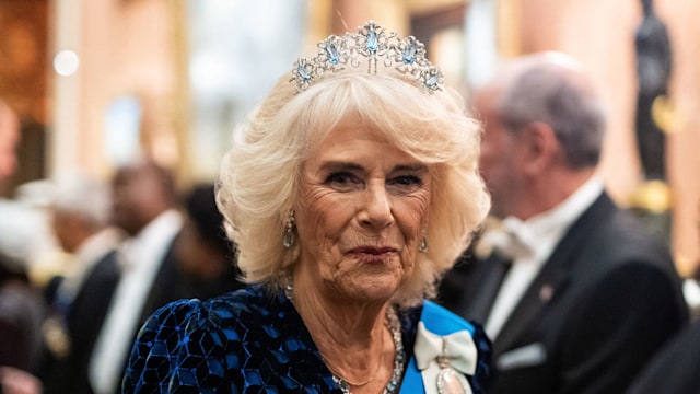 Britain's Queen Camilla arrives to meet with guests during a reception for members of the Diplomatic Corps at Buckingham Palace in London, on November 19, 2024.