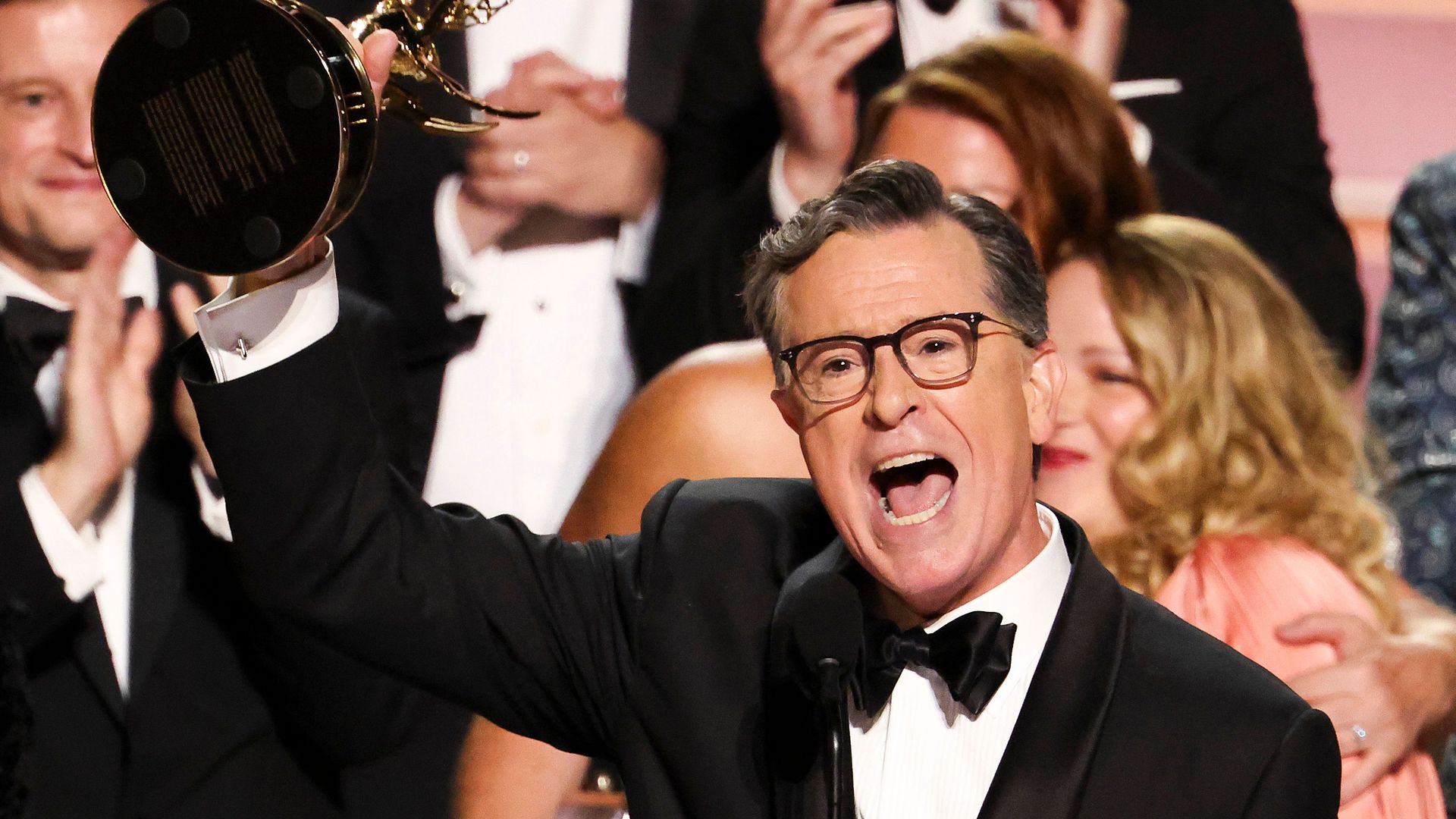 Stephen Colbert accepts the Outstanding Talk Series Award for "The Late Show with Stephen Colbert" onstage during The 77th Primetime Emmy Awards at Peacock Theater on September 14, 2025 in Los Angeles, California.