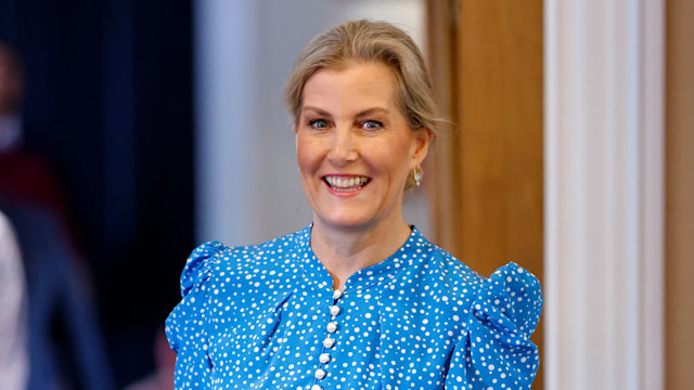 Duchess Sophie in a blue polka dot dress smiling
