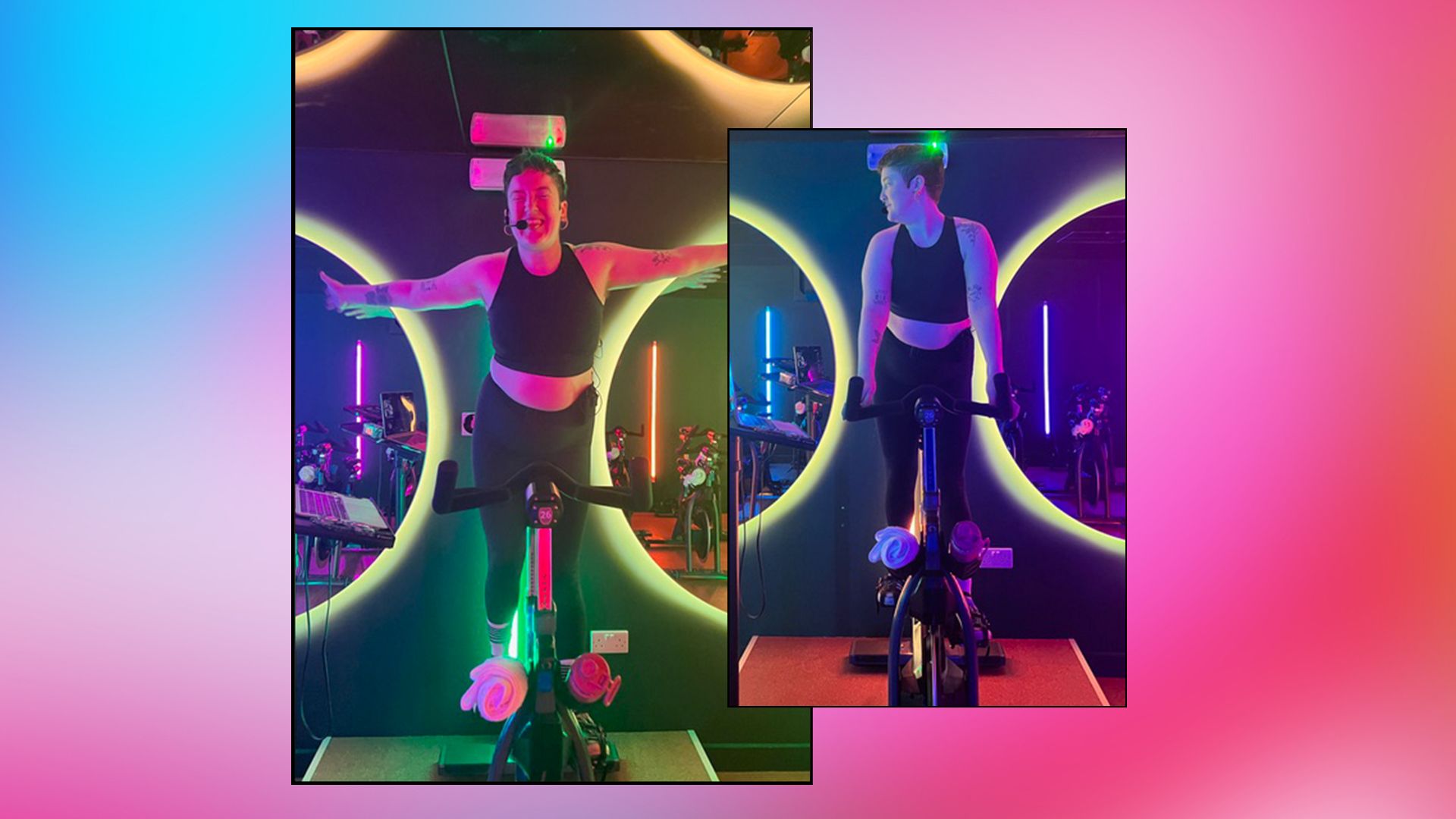 Collage of woman on a spin bike 