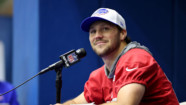 Josh Allen #17 of the Buffalo Bills speaks with media after Buffalo Bills mandatory mini camp on June 11, 2024 in Orchard Park, New York. (Photo by Bryan M. Bennett/Getty Images)