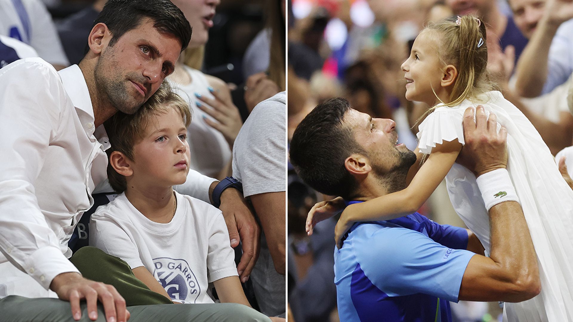 Split image of Novak Djokovic with his son Stefan and holding his daughter Tara