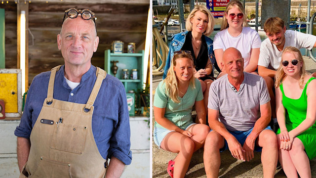 Steve Fletcher in The Repair Shop barn and with family in Cornwall split image