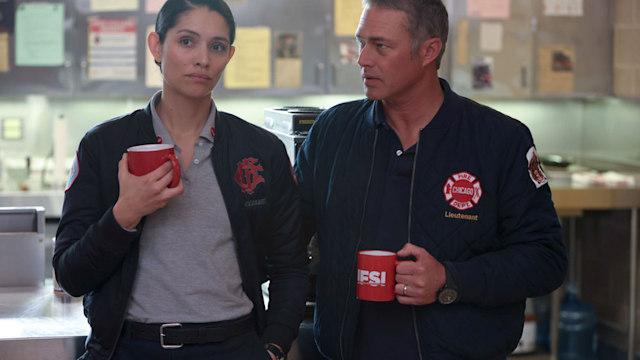 Miranda Rae Mayo as Stella Kidd, Taylor Kinney as Kelly Severide in Chicago Fire