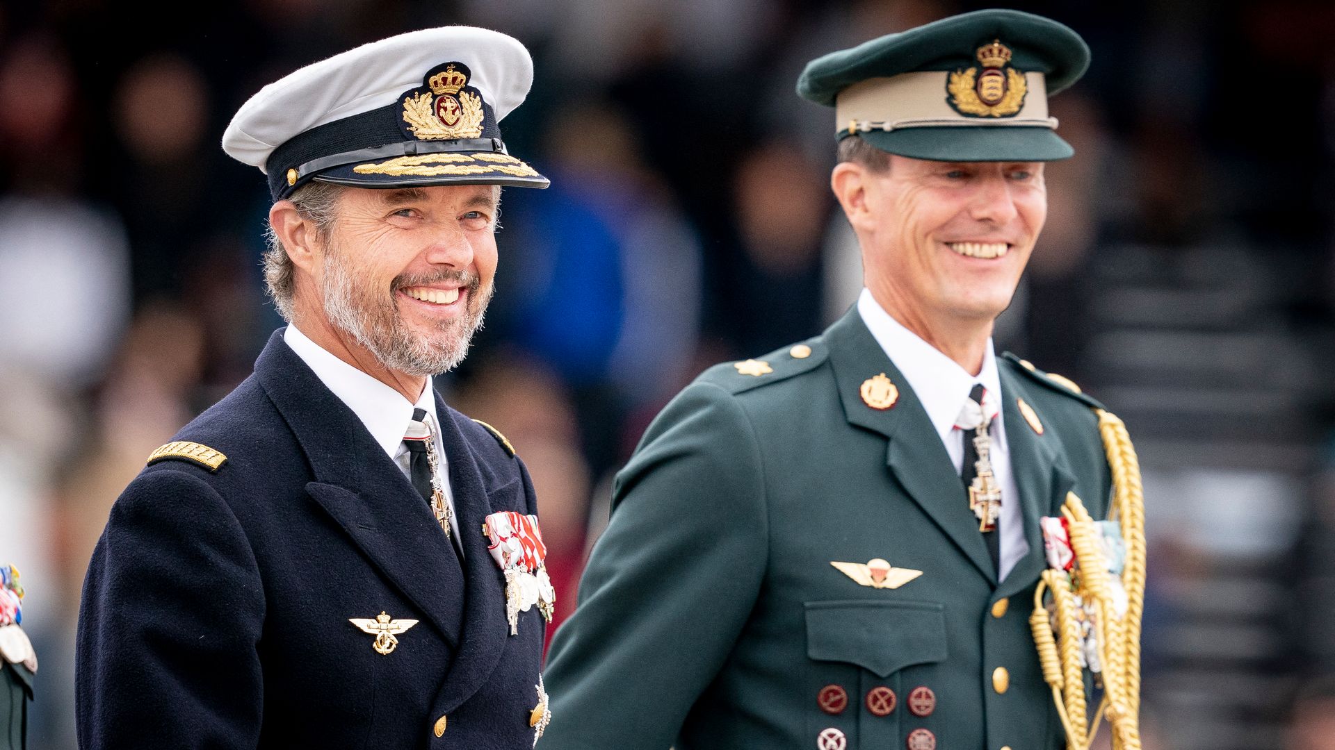 Crown Prince Frederik of Denmark (L) and Prince Joachim of Denmark attend festivities of the Danish Army to celebrate the 50th regency jubilee of their mother Queen Margrethe II of Denmark